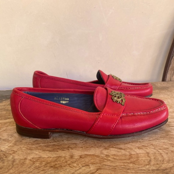 RALPH LAUREN Vtg 80s Red Leather Loafers Crest Bench Made Maine USA 7.5 NEW RARE - Picture 4 of 14